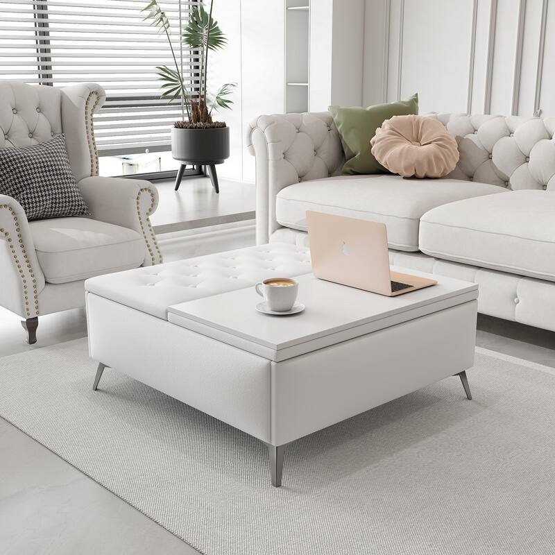 35 inch Wide Square storage benches Coffee Table - White