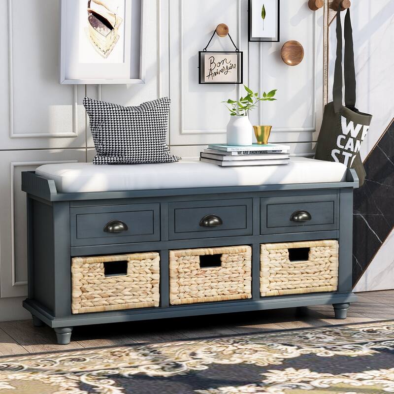 Stylish Rustic Linen Upholstered Storage Bench with 3 Drawers & Rattan Baskets for Rustic Interiors - Antique Navy