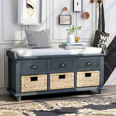 Wood Storage Bench with 3 Removable Rattan Baskets and 3 Drawers, Entryway Storage Bench Shoe Bench with Removable Cushion