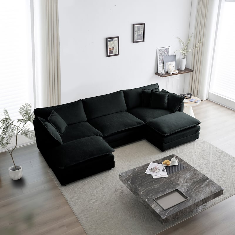 Modern U Shaped Sectional Sofa Set with Chenille Upholstery and Thick Cushions for Living Room and Guest Room - Black