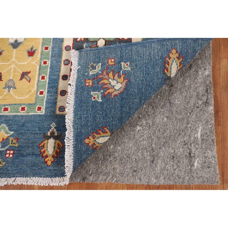 Blue Geometric Kazak Area Rug Hand-Knotted Wool Carpet - 4'2" x 5'11"