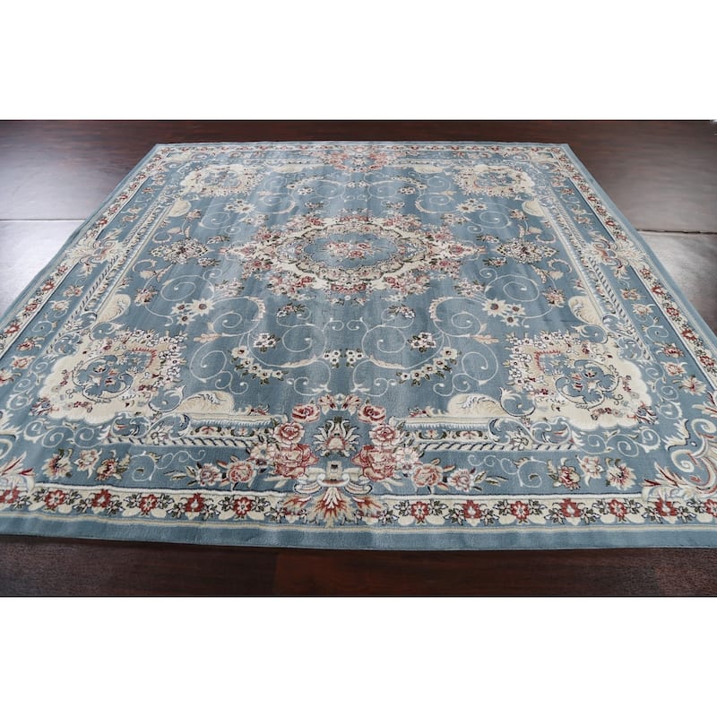 Light Blue Floral Medallion Transitional Turkish Rug Oriental Carpet