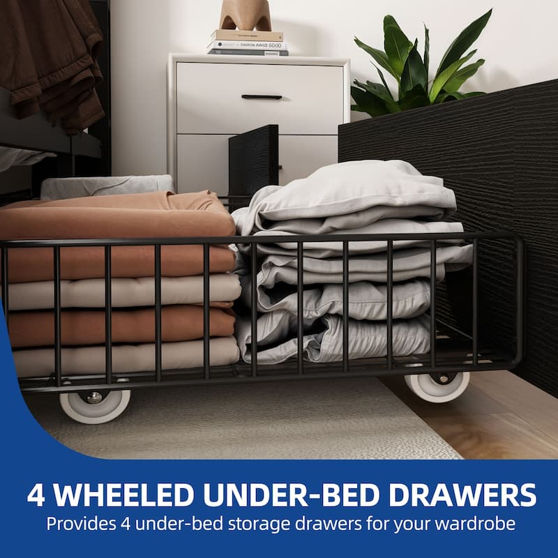 Moasis LED Bed Frame with Bookcase Headboard, 4 Storage Drawers and Type-C USB Charging Station