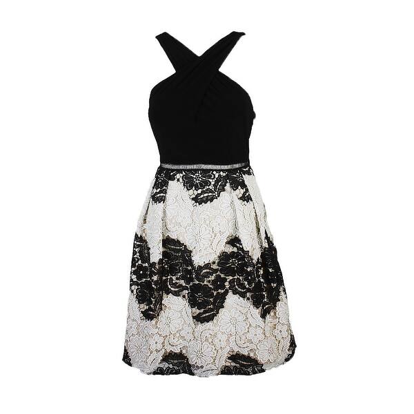 Adrianna Papell Black Ivory Lace Fit Flare Dress 12 Overstock 24167156