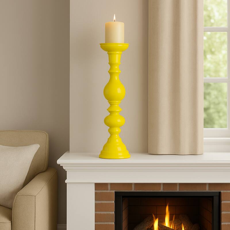 Naze Tabletop Candle Holder with Turned Accents, 23 Inch Yellow Resin