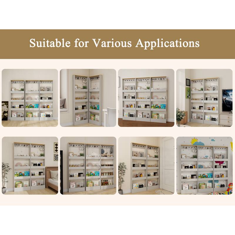 69" Tall Bookcase with 4 Shelves and 5 hooks, Wall Mounted Space-Saving Narrow storage cabinet for Living Room