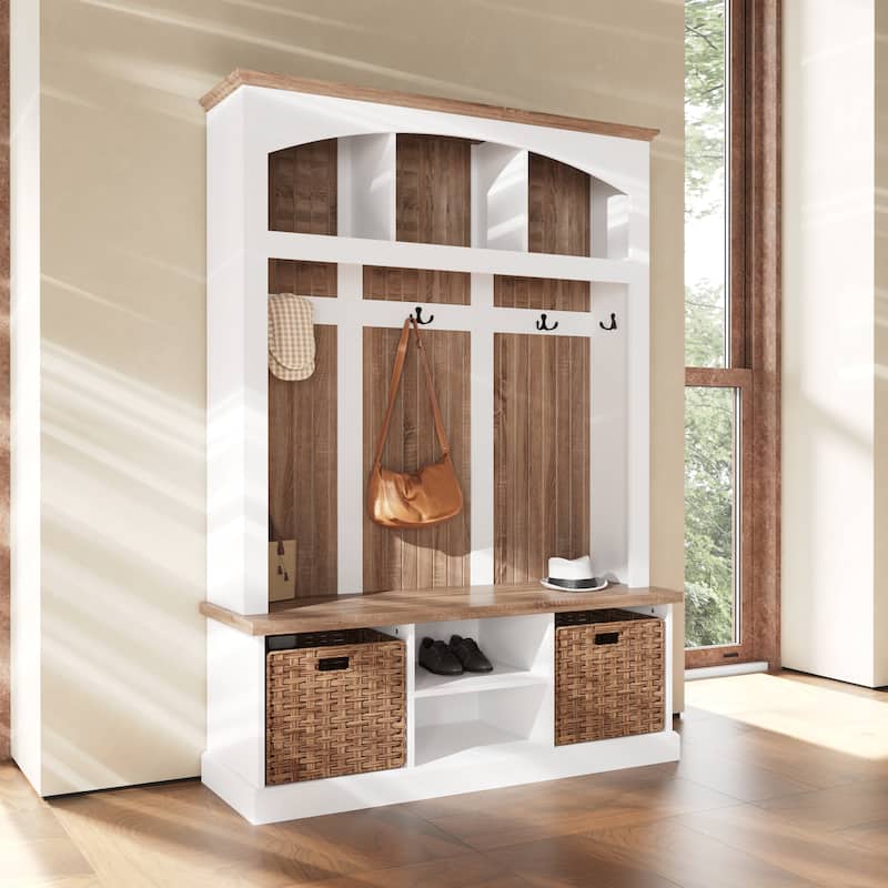 Entryway Hall Tree with Shoe Bench and 2 Rattan Baskets, Mudroom Storage Organizer