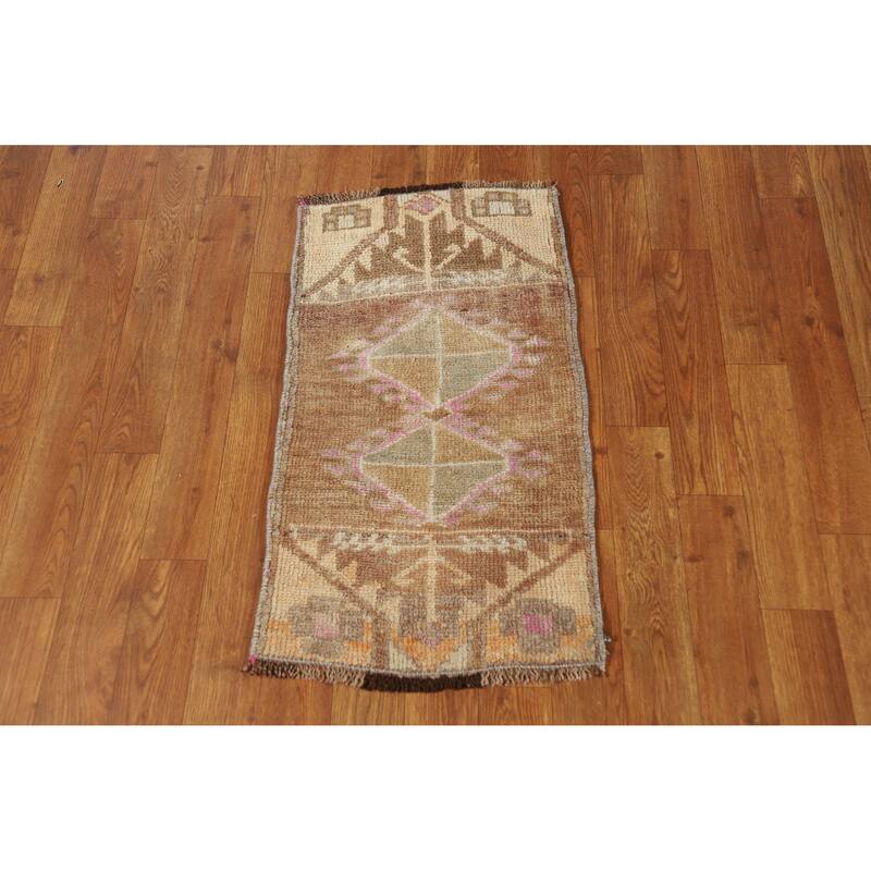 Tribal Brown Anatolian Oriental Foyer Rug Hand-Knotted Wool Carpet - 1'4" x 2'6"