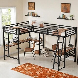 Twin Size Metal Loft Bed with Two Built-in Desks, 2 Beds in 1