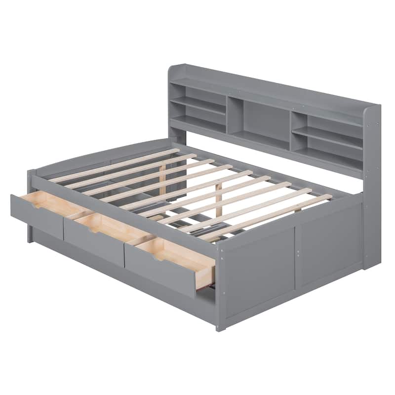 Full Size Wooden Captain Bed with Built-in Bookshelves,Three Storage Drawers and Trundle
