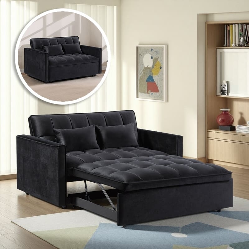 54” Velvet Pull-out Sleeper Sofa Bed,with 3 Adjusting Reclining Back & Storage - Solid Wood Frame,Twin Size-54” x 35.5” x 30”H