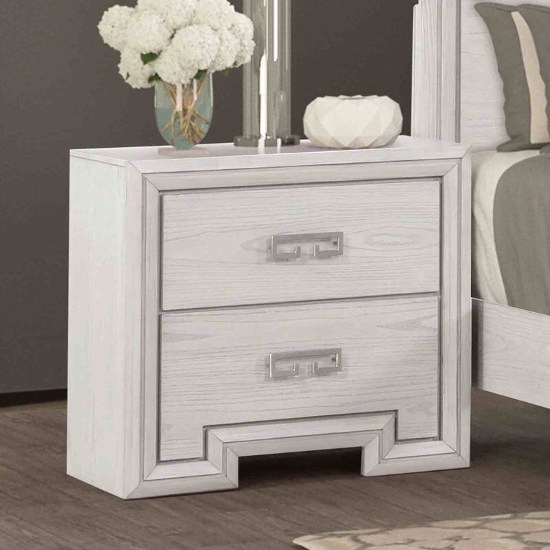 Transitional Nightstand with USB Port - Rustic White Finish & Dovetail Drawers