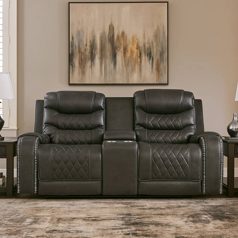 Paul 78 Inch Manual Recliner Loveseat, Cupholder Console Gray Faux Leather