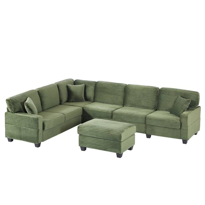125.2" Corduroy U-Shaped Sectional Sofa with Movable Ottoman and Side Storage Pockets
