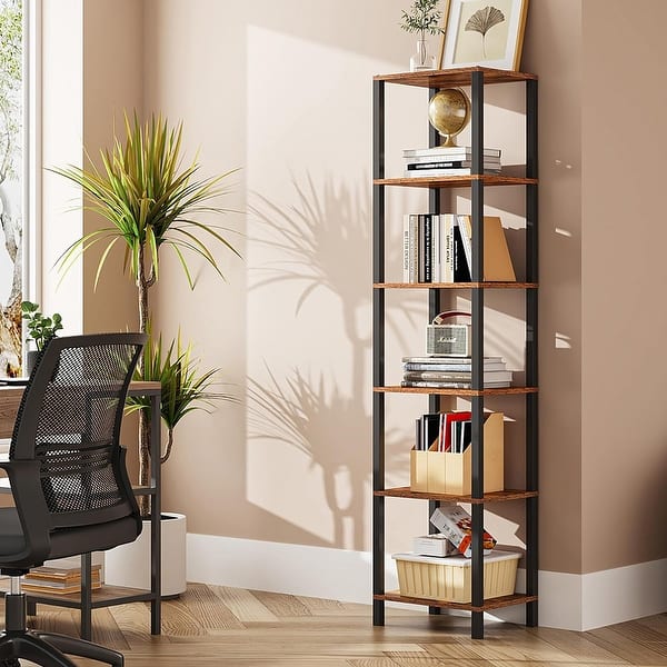 6Tier Tall Book Shelf, Narrow Bookcase for Small Space,Brown Bed