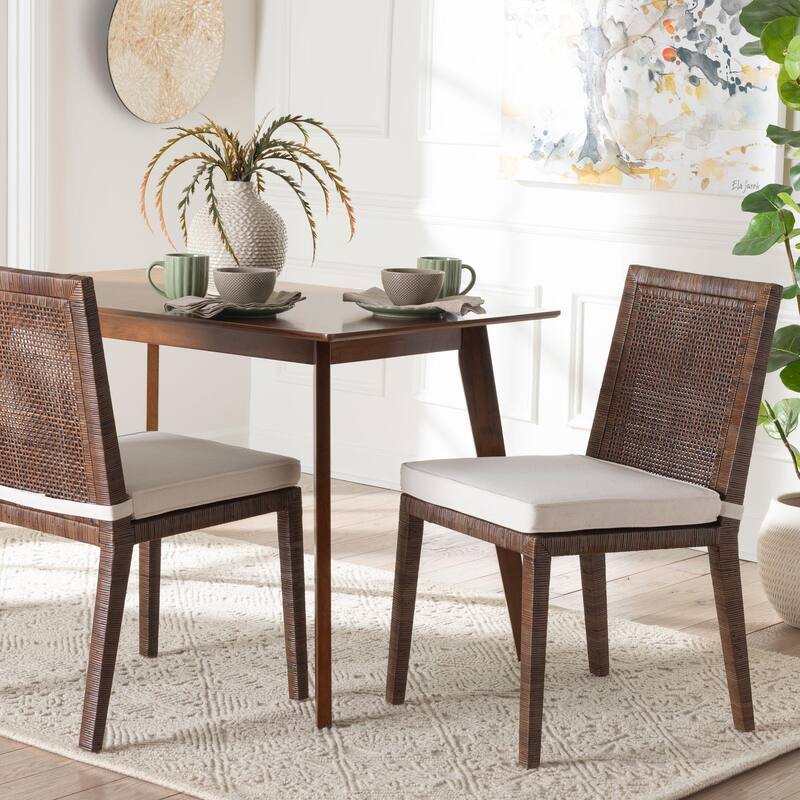 Sofia Rattan Dining Chair with Cushion - Handwoven Wicker Side Chair with Mahogany Wood Frame, Coastal Boho Style Indoor Seating