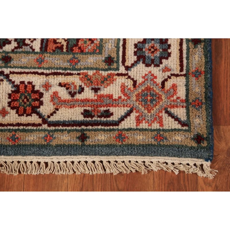 Blue Geometric Heriz Serapi Oriental Rug Hand-Knotted Wool Carpet - 4'0"x 6'1"