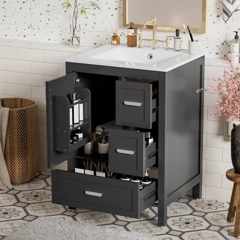 GDFStudio - Seren Bathroom Vanity with Ceramic Sink, Soft-Close Door, Shelf & 1 Drawer - 24" - Black