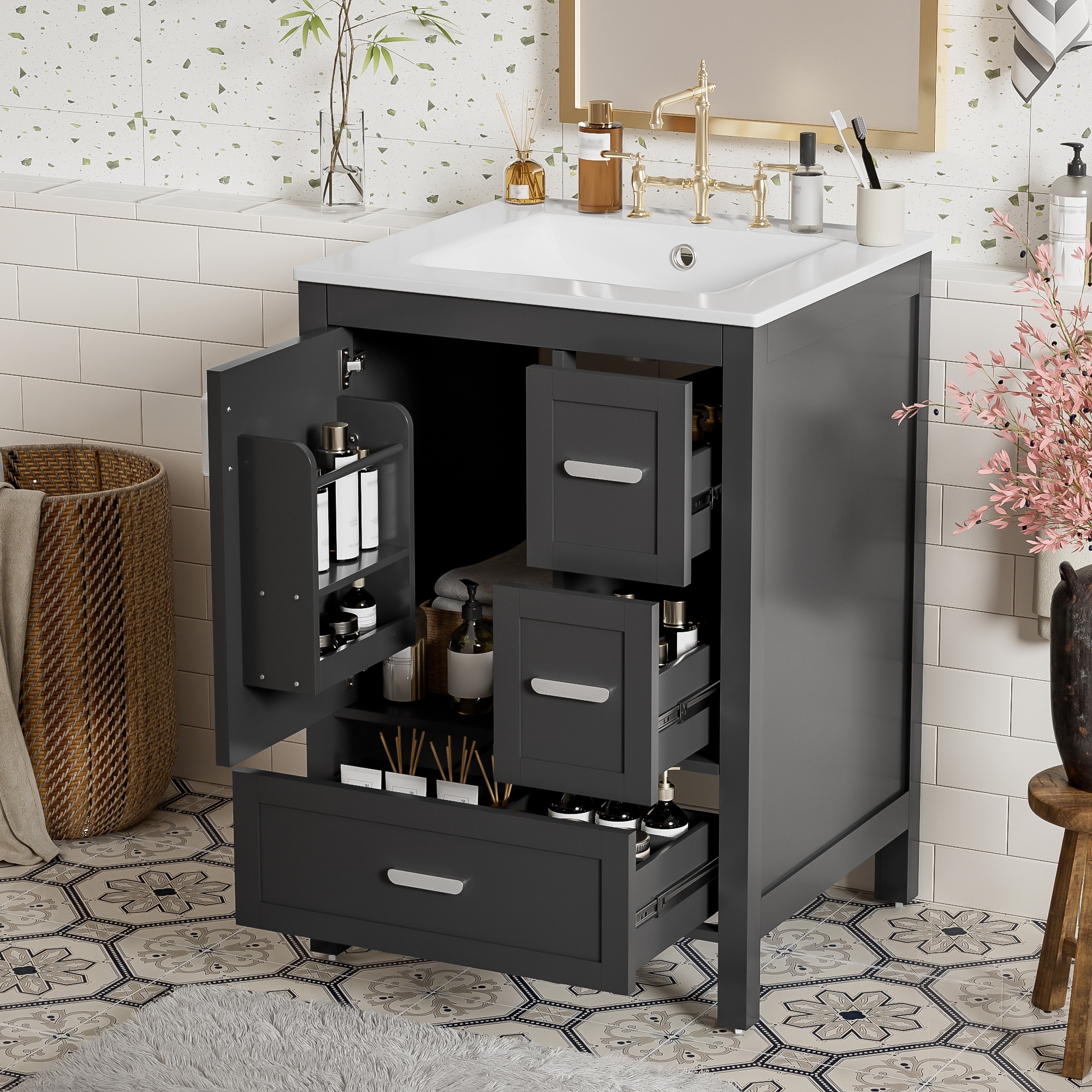 Modern 24" Bathroom Vanity with Ceramic Sink - Soft-Close Door with Double Shelf, 3 Drawers,for Small Spaces