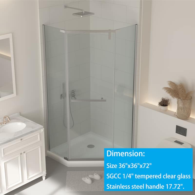 72''H Pivot Glass Frameless Corner Shower Door with hinged, Black/Chrome - 36X36X72 - Chrome