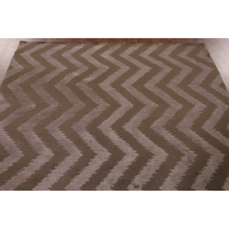 Brown Chevron Style Nepalese Oriental Rug Hand-Knotted Wool Carpet - 6'0" x 8'8"