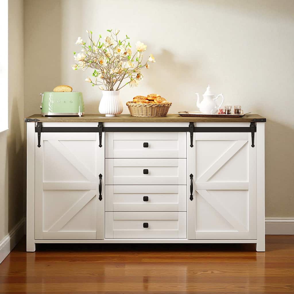 55.1-Inch Farmhouse Sideboard Buffet with Sliding Barn Doors, 4 Drawers & Power Outlet, Wood Storage Cabinet