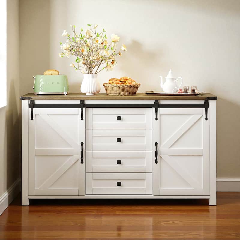 55.1-Inch Farmhouse Sideboard Buffet with Sliding Barn Doors, 4 Drawers & Power Outlet, Wood Storage Cabinet - White