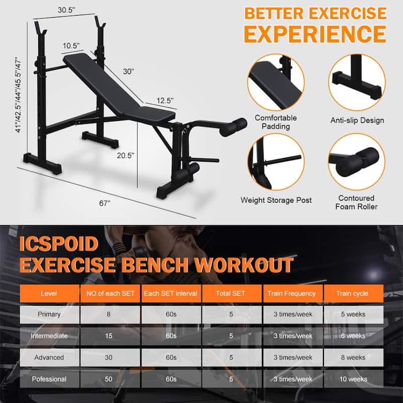 Weight Bench, Bench Press Set w/ Squat Rack & Bench Full-Body Workout - Black - 67.72"L