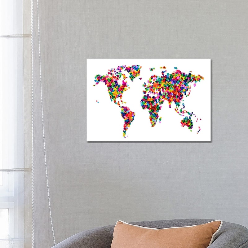 iCanvas "World Map Hearts (Multicolor)" by Michael Tompsett Canvas Print - 18x26x1.5