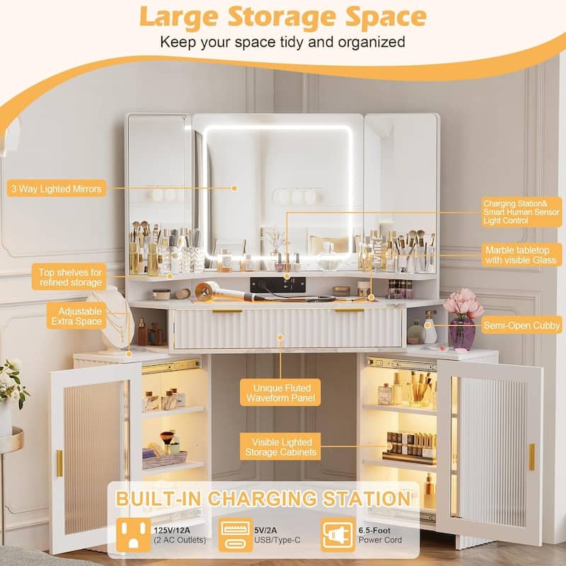 Corner Vanity Desk with 3 Way Mirror and Lights