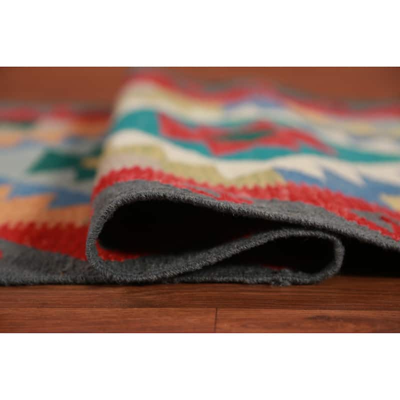 Hand Woven Oriental 100% Wool Carpet Southwestern Geometric Multi-Colored Kilim Runner Rug - 16' 8'' X 2' 9''