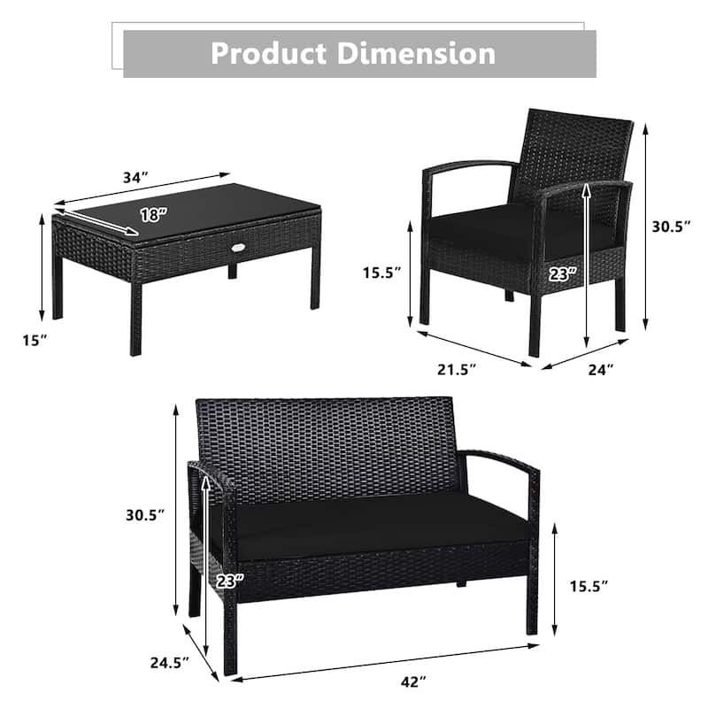 4-Piece PE Rattan Patio Furniture Set with Loveseat and 2 Chairs and Glass Table for Outdoor Use