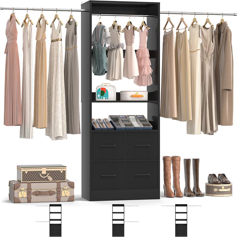 Rackcog 103'' Closet Organizer with 4 Cubes, Closet System with Fabric Drawers and 3 Hanging Rods