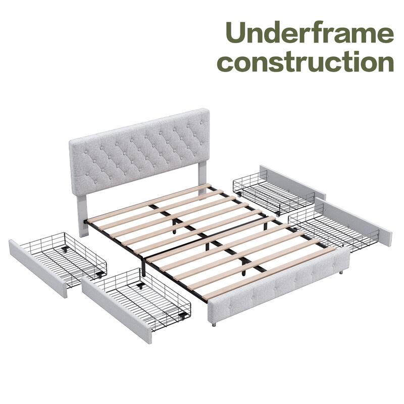 Linen Upholstered Headboard Bed Frame with Large Hidden Storage, 4 Underbed Drawers with Pulleys