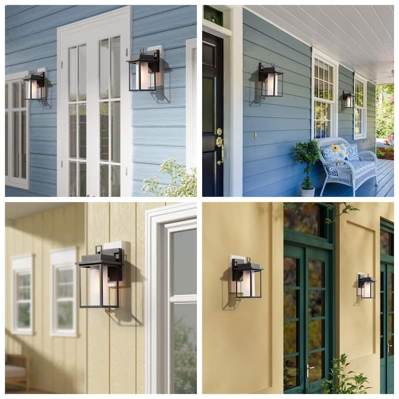 Aary Farmhouse Modern Black Indoor/Outdoor Wall Sconce Frosted Cylinder Glass LED Patio Wall Lantern