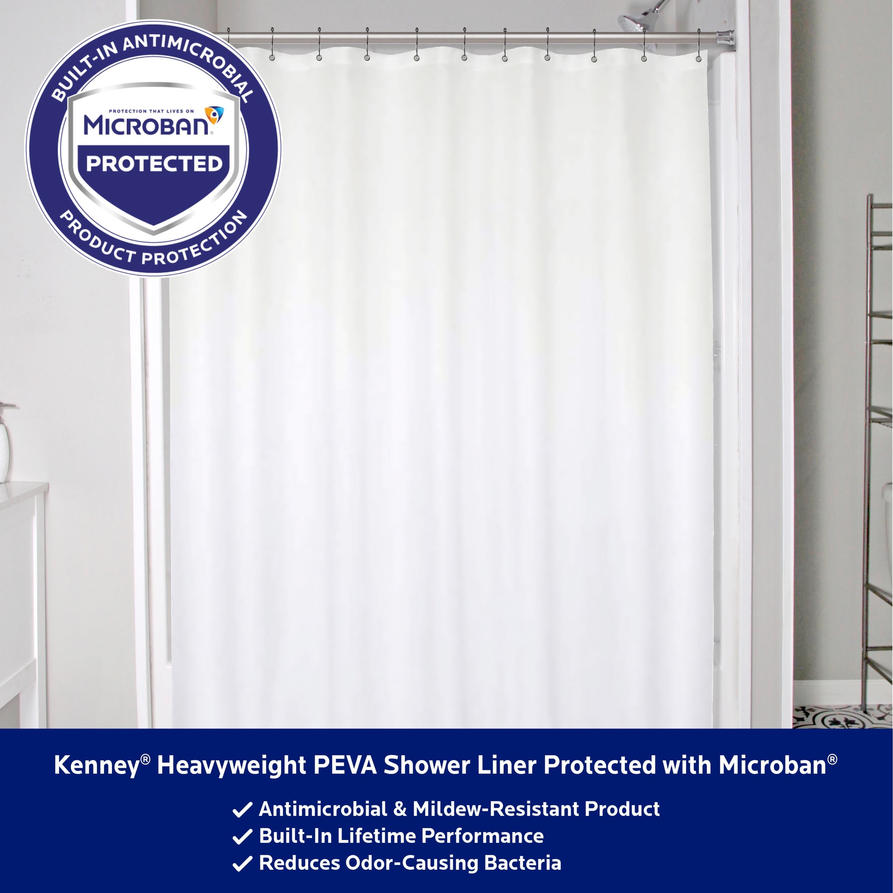 Kenney Microban Protected Heavyweight PEVA Shower Liner, 70 W x