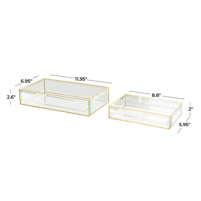 Clear Glass Beveled Decorative Jewelry Box with Gold Metal Frame (Set of 2)