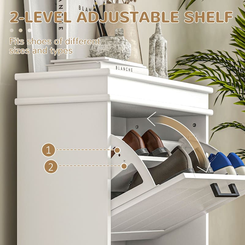 HOMCOM Shoe Cabinet for Entryway, Narrow Shoe Rack Storage Organizer with 2 Flip Drawers and Adjustable Shelves