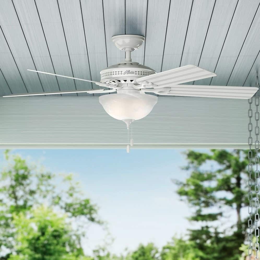 Hunter 52" Beachcomber Outdoor Ceiling Fan with LED Light Kit and Pull Chain, DAMP RATED - White - Coastal
