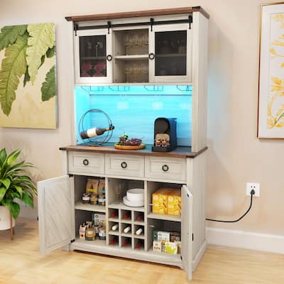 Moasis 72" Farmhouse Bar Cabinet with Bottle Rack and Wine Glass Holder, Large Kitchen Buffet with Shelves