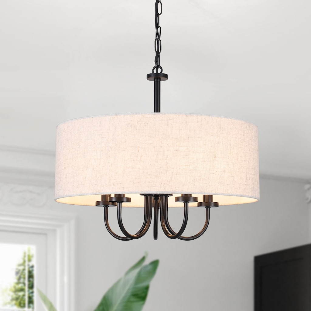 Modern 5-Light Candlestick Pendant Light with White Fabric Shade for Kitchen Island