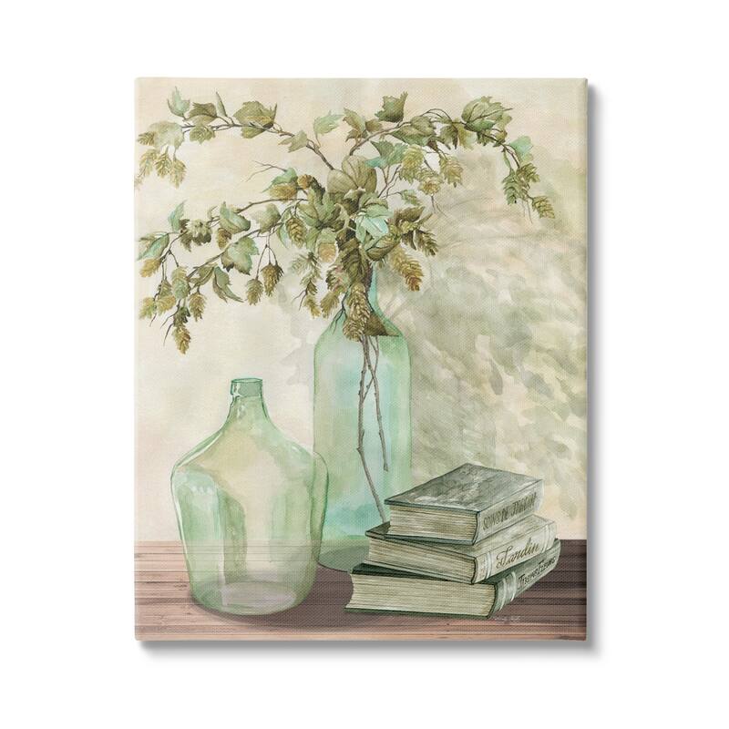 Stupell Botanical Plant Branches Country Vase Tranquil Bookstack Canvas Wall Art - Green - 16 x 20