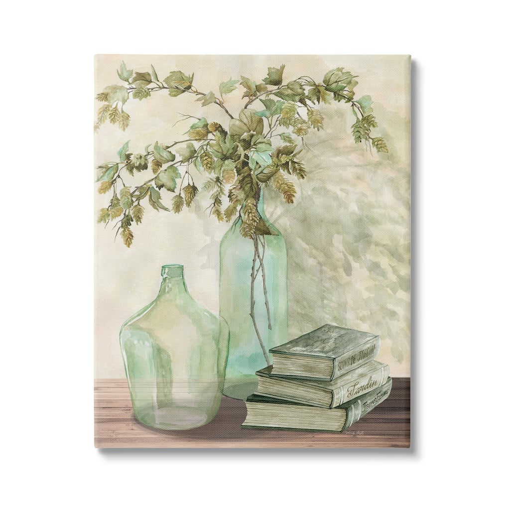 Stupell Botanical Plant Branches Country Vase Tranquil Bookstack Canvas Wall Art - Green