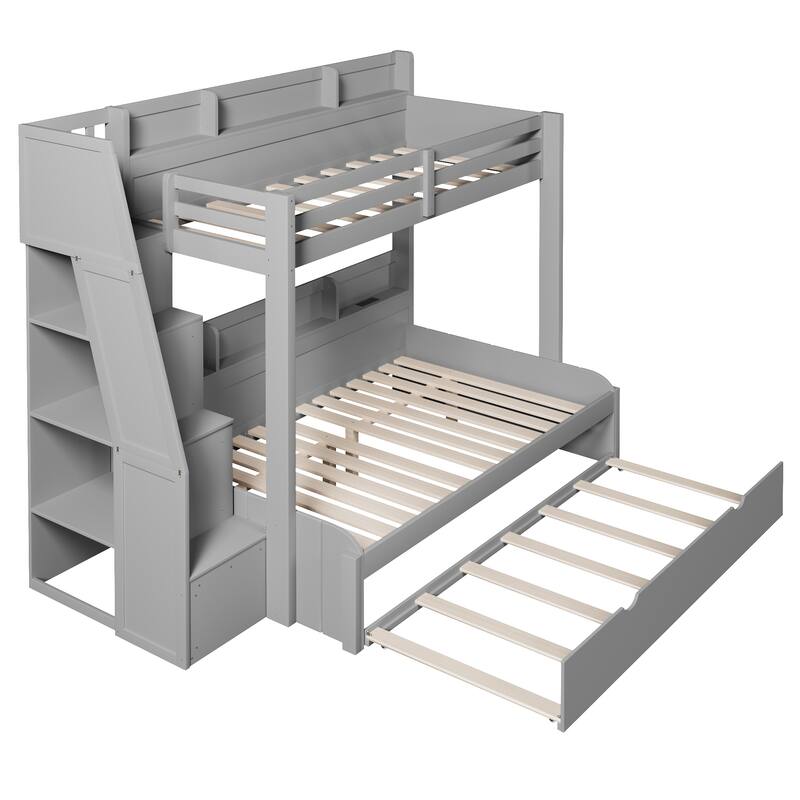 Roomfitters Twin Over Full Bunk Bed with Storage Staircase, Trundle, LED and USB