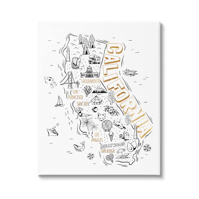 Stupell Illustrated California State Landmarks Map Diagram Canvas Wall Art - 24 x 30