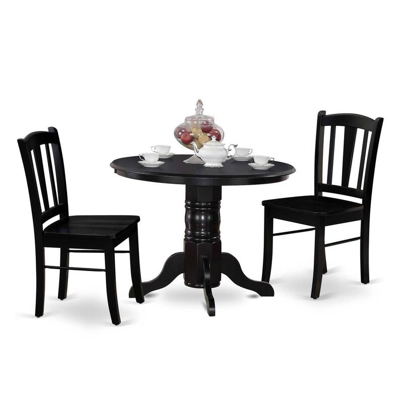 Modern 3Pc Dinette Set - Round Dining Table with 2 Wooden Chairs - Black Finish Kitchen Table Set