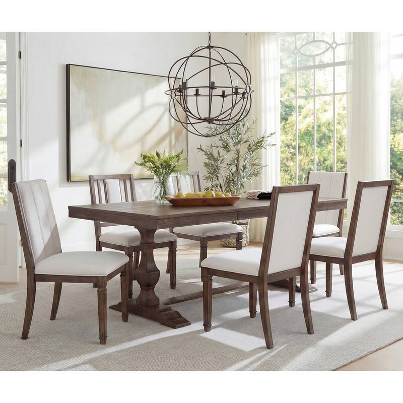7-pieces Farmhouse Dining Table Set for 6, 74.8" Kitchen Table with Chairs, Solid Wood Legs and Upholstered Back - Espresso Brown