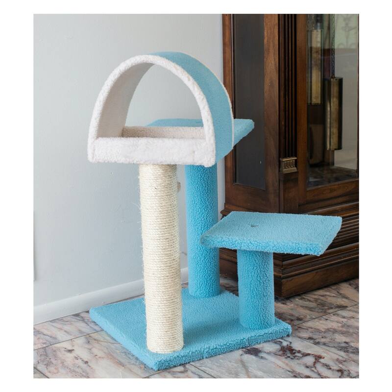 Sky Blue Real Wood Cat Tree With Scratcher And Tunnel For Squeeze