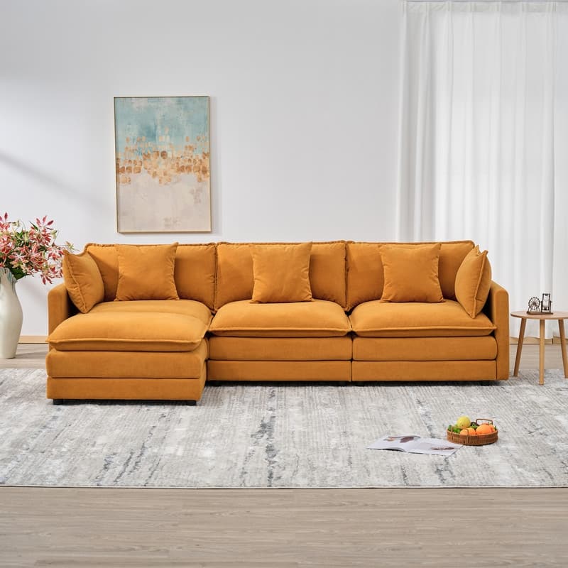 110.2" Chenille Three Seater Upholstered Sofa, Ottoman - Orange