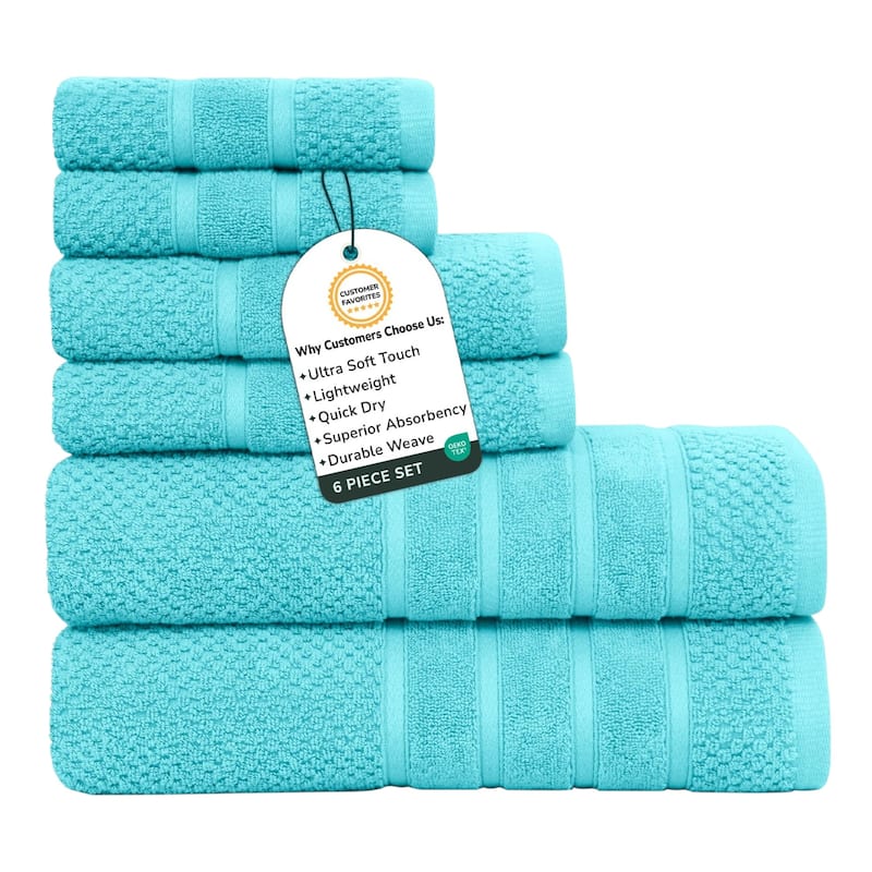 Feather and Stitch NY 650 GSM Premium Cotton 6 Piece Towel Set Super Absorbent Quick Dry Spa Quality - Aqua